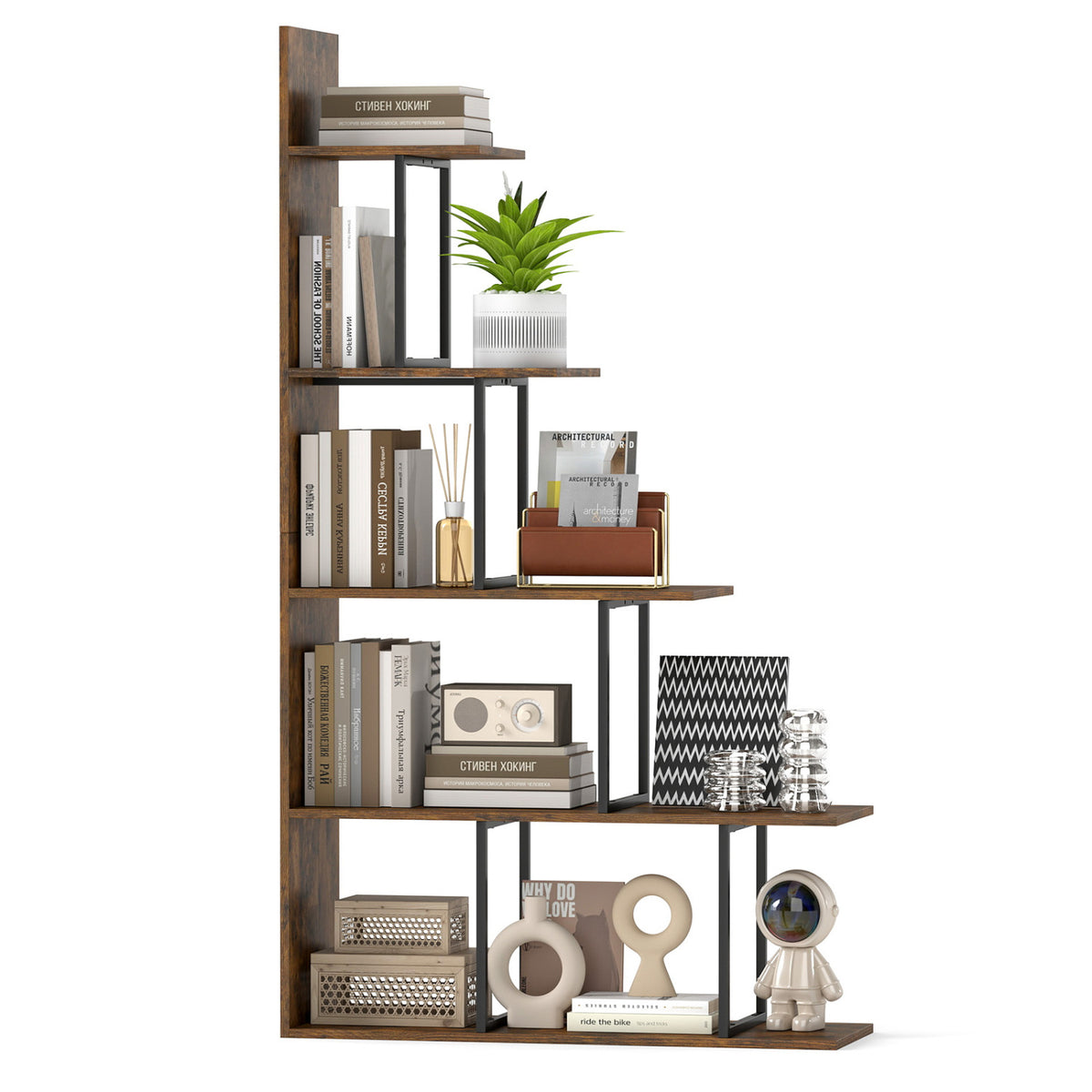 Rustic brown 5-tier 62-inch tall bookshelf with heavy-duty metal frame, ideal for home office storage and organization.