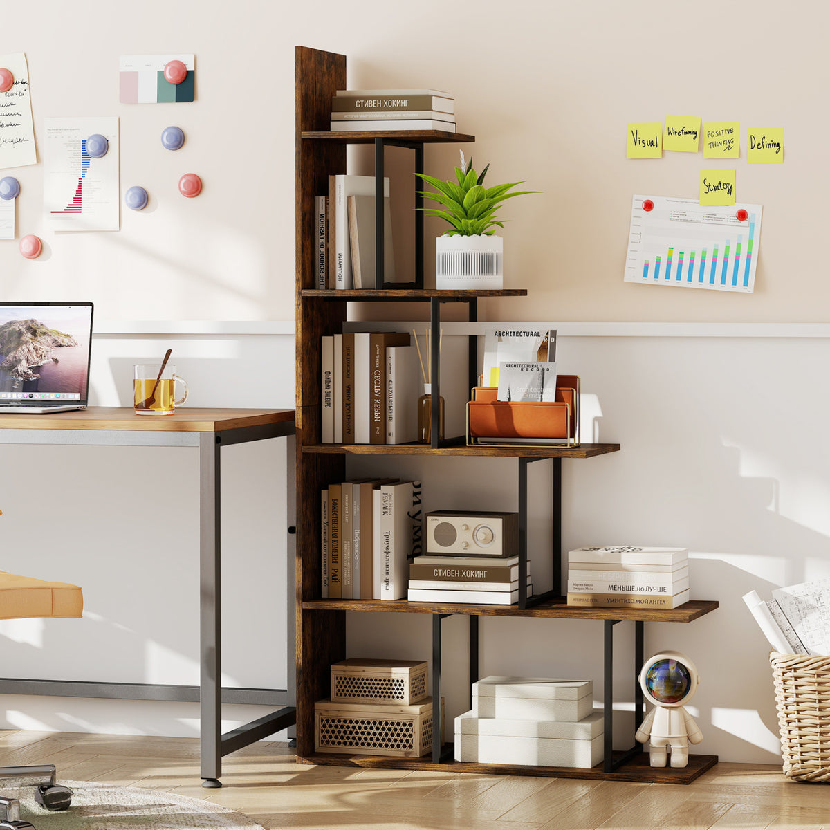 Rustic brown 5-tier 62-inch tall bookshelf with heavy-duty metal frame, ideal for home office storage and organization.