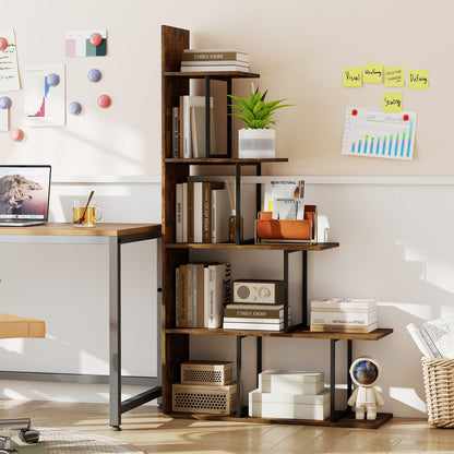 Rustic brown 5-tier 62-inch tall bookshelf with heavy-duty metal frame, ideal for home office storage and organization.
