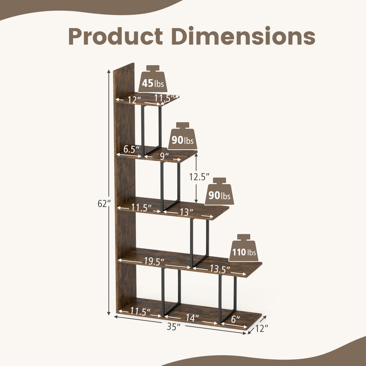 Rustic brown 5-tier 62-inch tall bookshelf with heavy-duty metal frame, ideal for home office storage and organization.