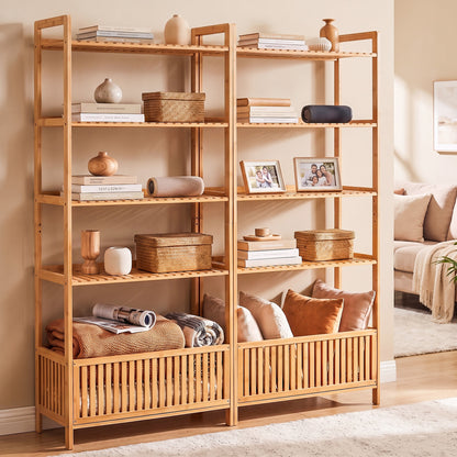 5-Tier Bamboo Ladder Shelf with Display Shelves and Open Storage Basket-Natural