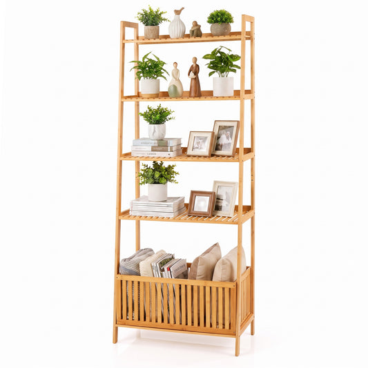 Natural 5-tier bamboo ladder shelf with display shelves and open storage basket for home office organization, by Wilsons Home Store.