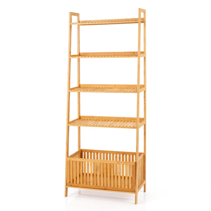 5-Tier Bamboo Ladder Shelf with Display Shelves and Open Storage Basket-Natural