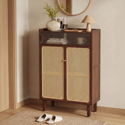 5-Tier Bamboo Shoe Cabinet with Woven Rattan Doors and Sliding Doors for Entryway-Walnut