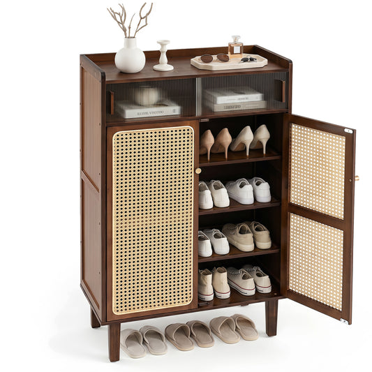 5-tier bamboo shoe cabinet with woven rattan sliding doors and walnut finish, designed for entryway shoe storage.