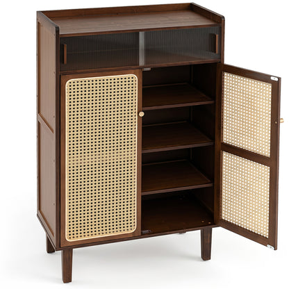 5-Tier Bamboo Shoe Cabinet with Woven Rattan Doors and Sliding Doors for Entryway-Walnut