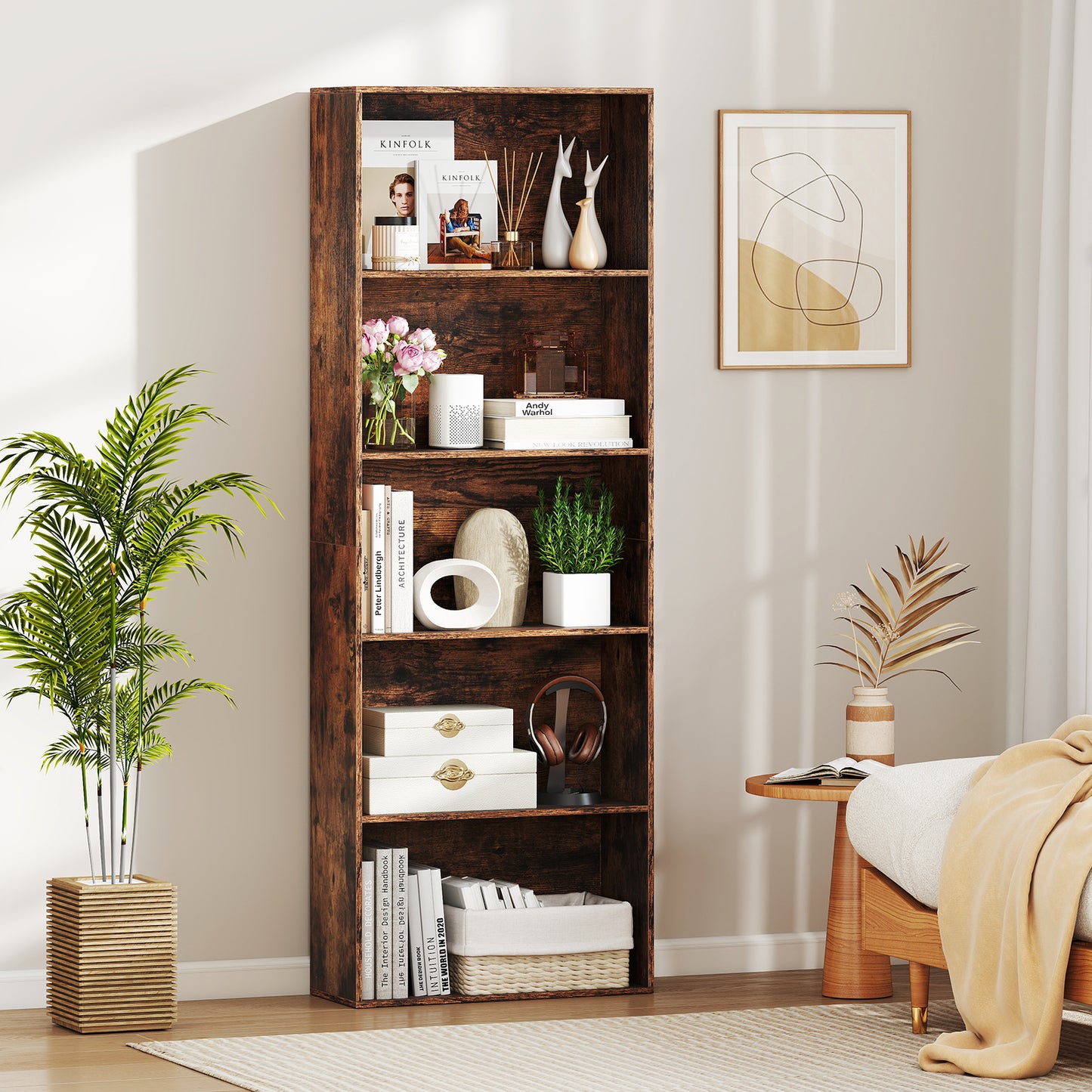 5-Tier Bookshelf Open Bookcase Freestanding Display Shelf Storage Organizer-Rustic Brown