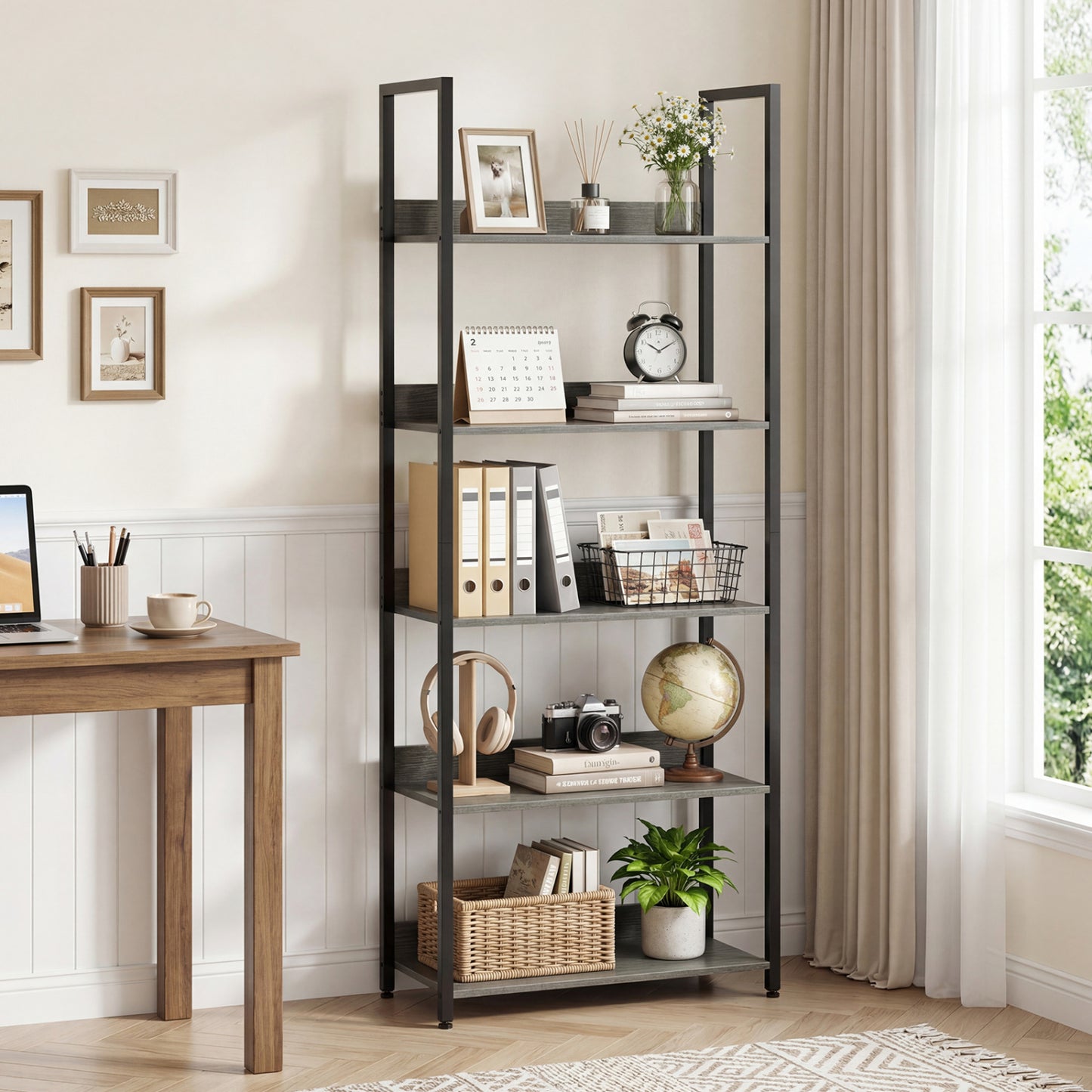 5-Tier Bookshelf Tall Wooden Open Bookcase with Back Panels-Oak