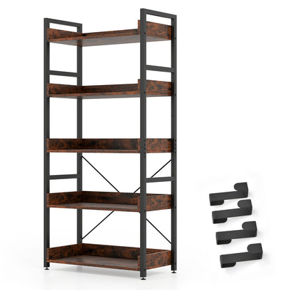 5-Tier Bookshelf with 4 Hooks Industrial Storage Bookcase-Rustic Brown