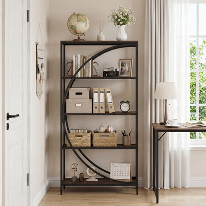 5-Tier Bookshelf with Half-Moon Shape for Living Room and Home Office-Rustic Brown