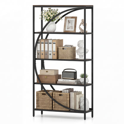 5-Tier Bookshelf with Half-Moon Shape for Living Room and Home Office-Rustic Brown