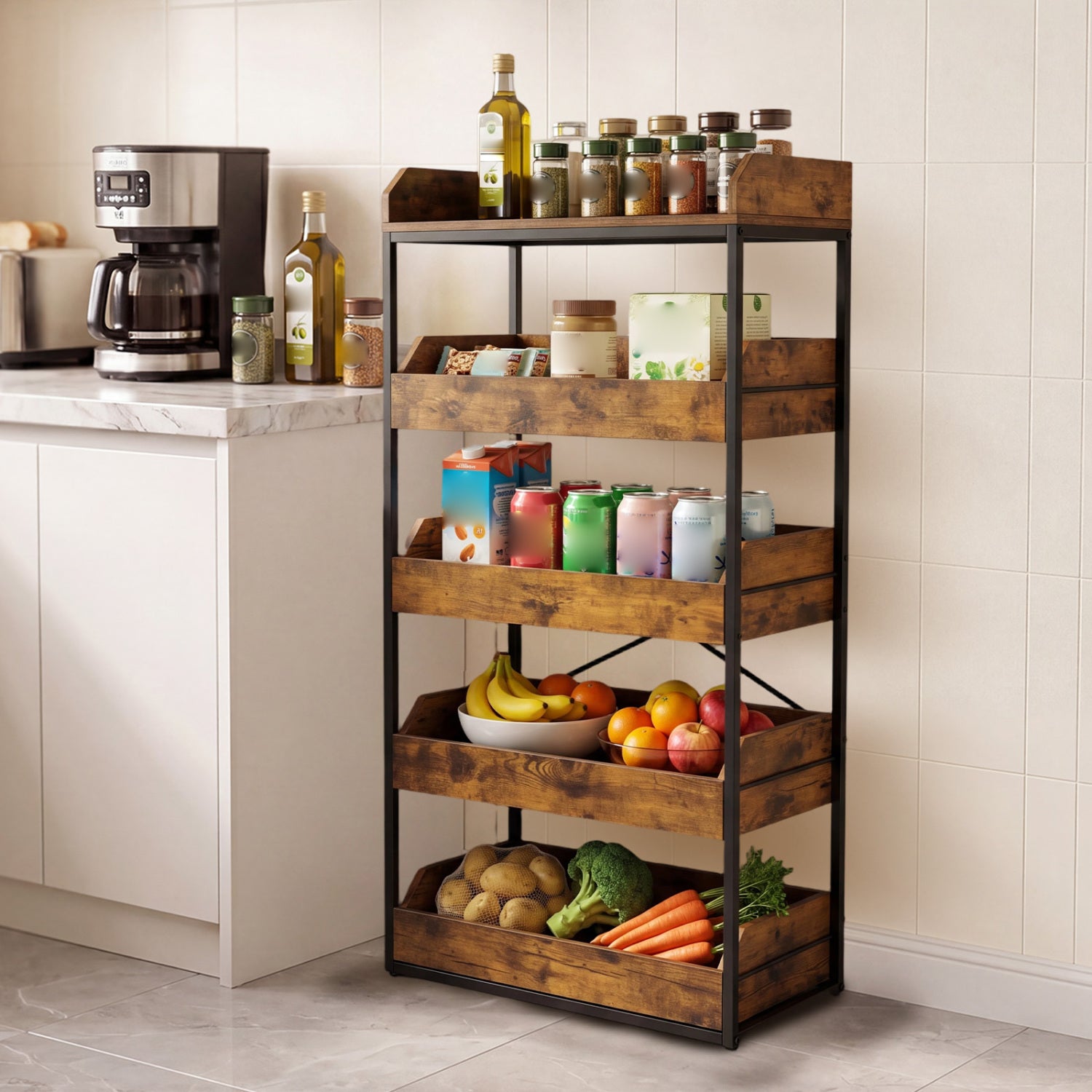 Rustic brown 5-tier kitchen food storage rack with four pull-out drawers and adjustable feet for organized kitchen storage.