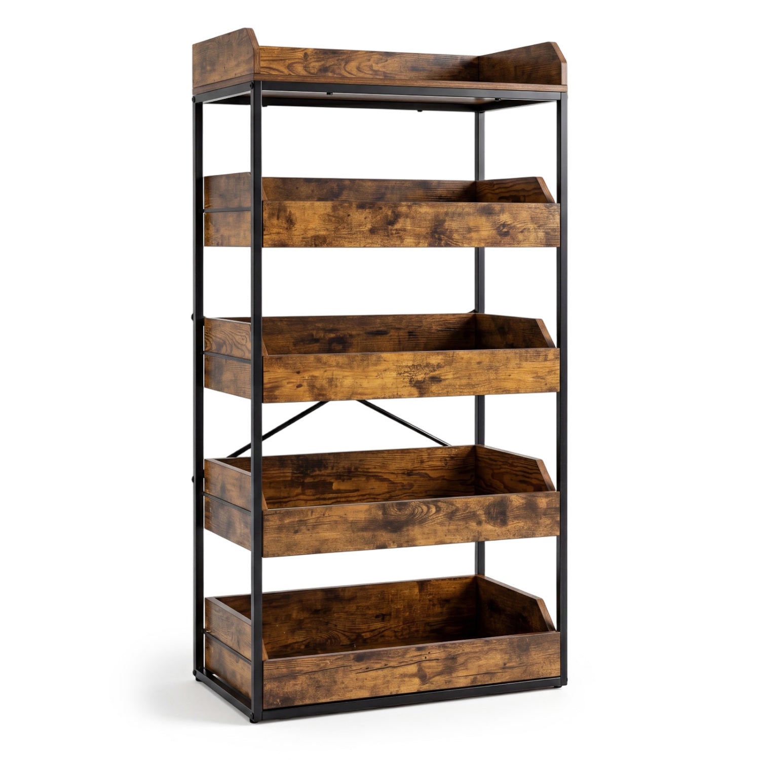 Rustic brown 5-tier food storage rack with 4 pull-out drawers and adjustable feet for kitchen organization.