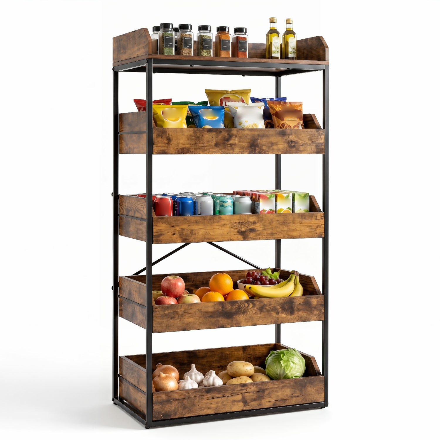 Rustic brown 5-tier food storage rack with four pull-out drawers and adjustable feet for kitchen organization.