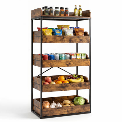 Rustic brown 5-tier food storage rack with four pull-out drawers and adjustable feet for kitchen organization.