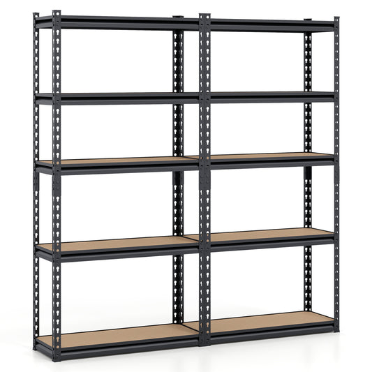 Set of two heavy-duty 5-tier metal garage shelving units with sturdy shelves, ideal for outdoor storage and garage organization.