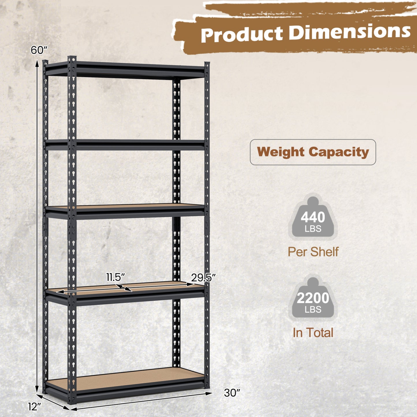 5-Tier Garage Shelving Unit 2200 LBS Heavy Duty Metal Storage Shelves-1Piece