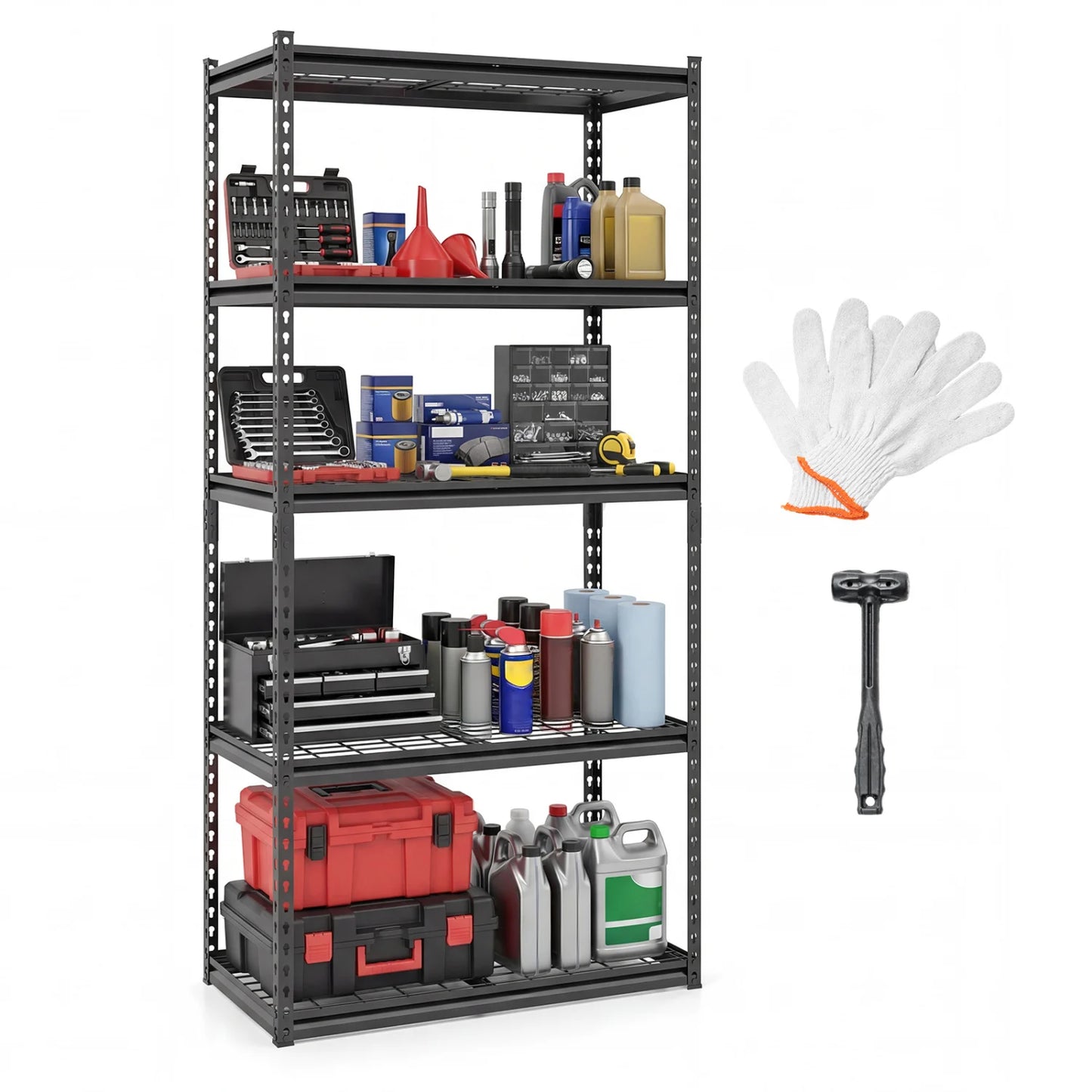 Heavy-duty 5-tier metal shelving unit with adjustable wire racks, ideal for outdoor storage and garage organization.