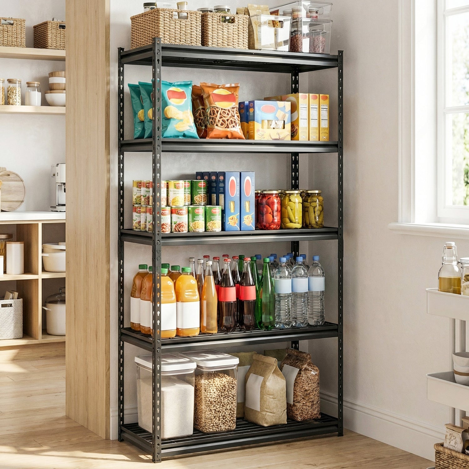 Heavy-duty 5-tier metal shelving unit by Wilsons Home Store with adjustable wire racks for outdoor storage and garage organization.
