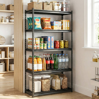 Heavy-duty 5-tier metal shelving unit by Wilsons Home Store with adjustable wire racks for outdoor storage and garage organization.