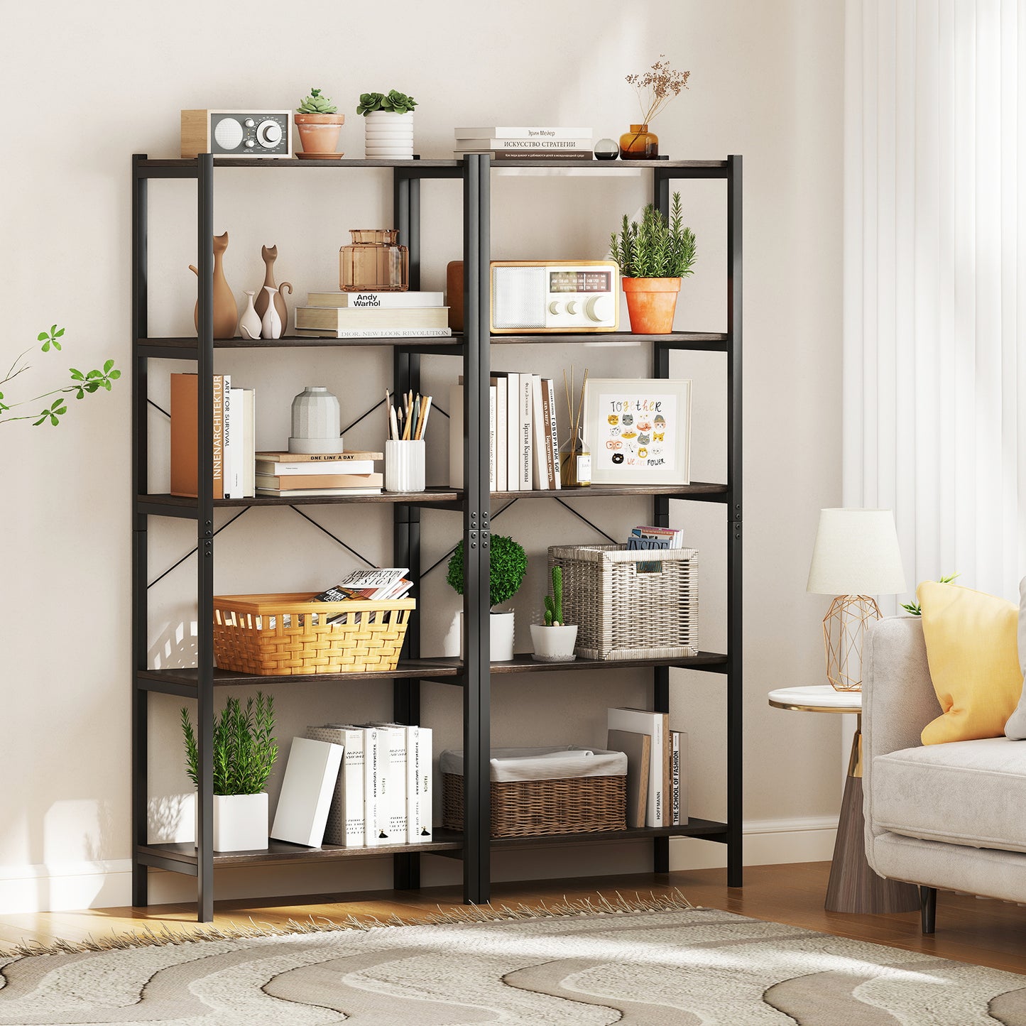 Multipurpose Open Bookcase Industrial Rack Wide Standing Storage Shelf-Brown