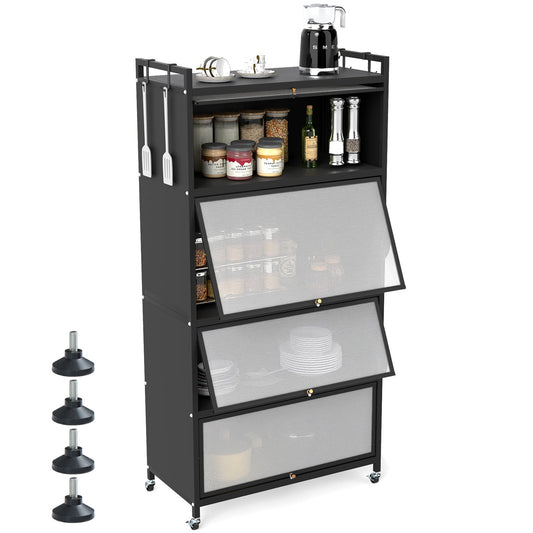 5-Tier Kitchen Storage Cabinet with 4 Flip-up Doors-Black