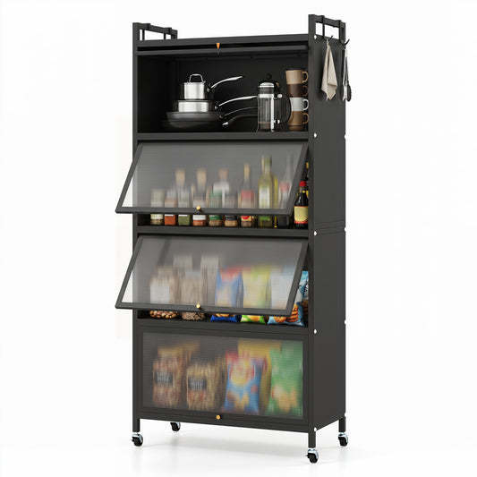 Black 5-tier kitchen storage cabinet with 4 flip-up PC doors, adjustable feet, and rolling wheels for versatile kitchen organization.