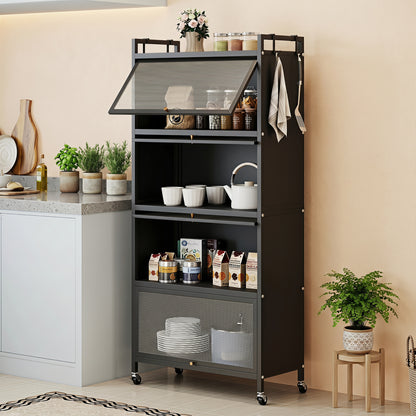 Black 5-tier kitchen storage cabinet with 4 flip-up PC doors, adjustable feet, and rolling wheels from Wilsons Home Store.