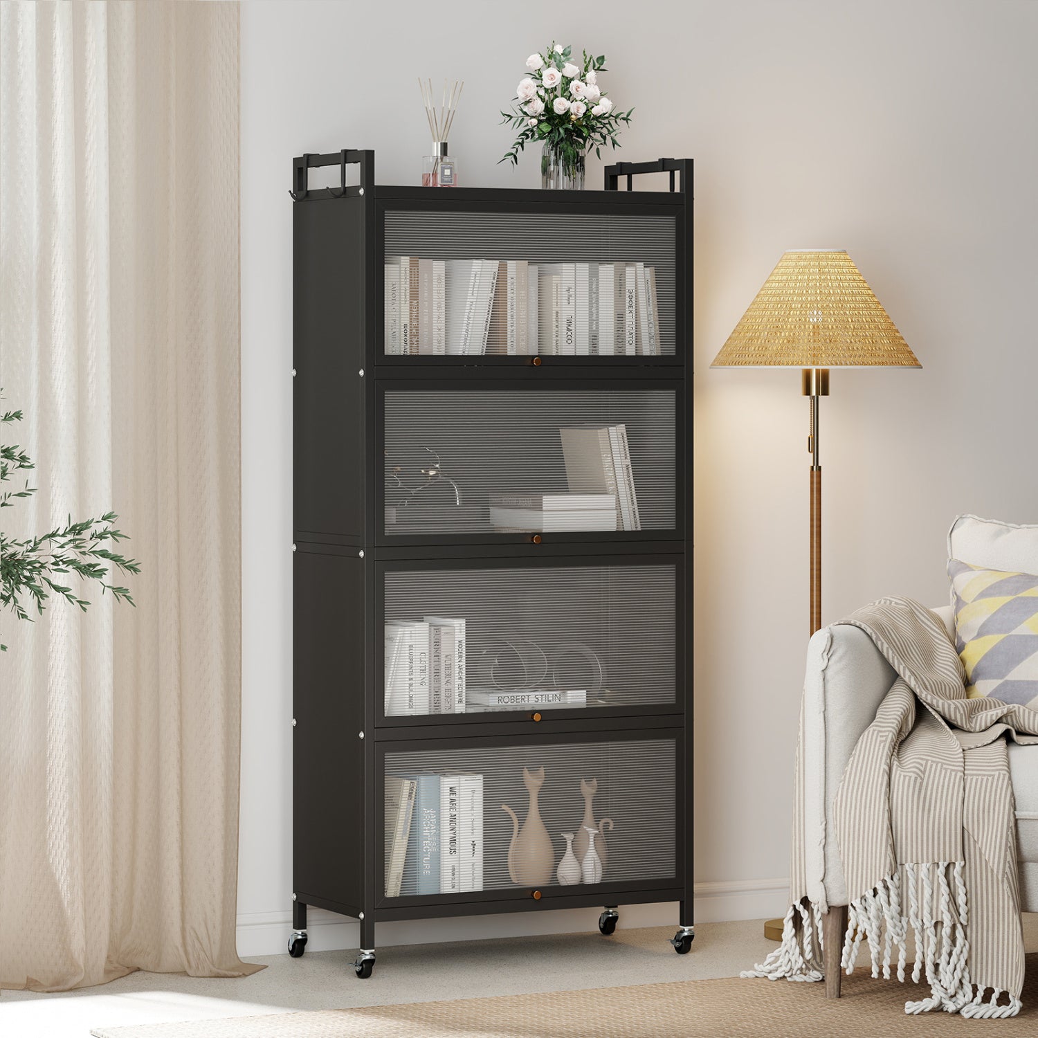 Black 5-tier kitchen storage cabinet with flip-up doors, adjustable feet, and rolling wheels for versatile kitchen organization.