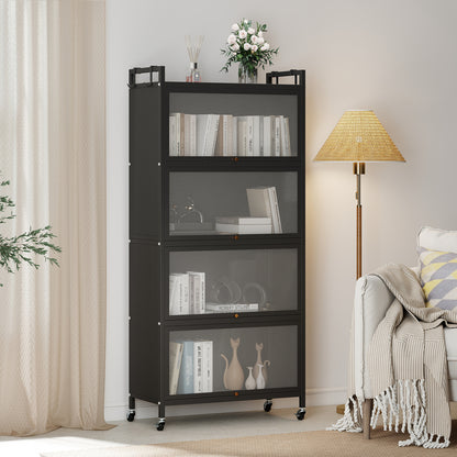 Black 5-tier kitchen storage cabinet with flip-up doors, adjustable feet, and rolling wheels for versatile kitchen organization.