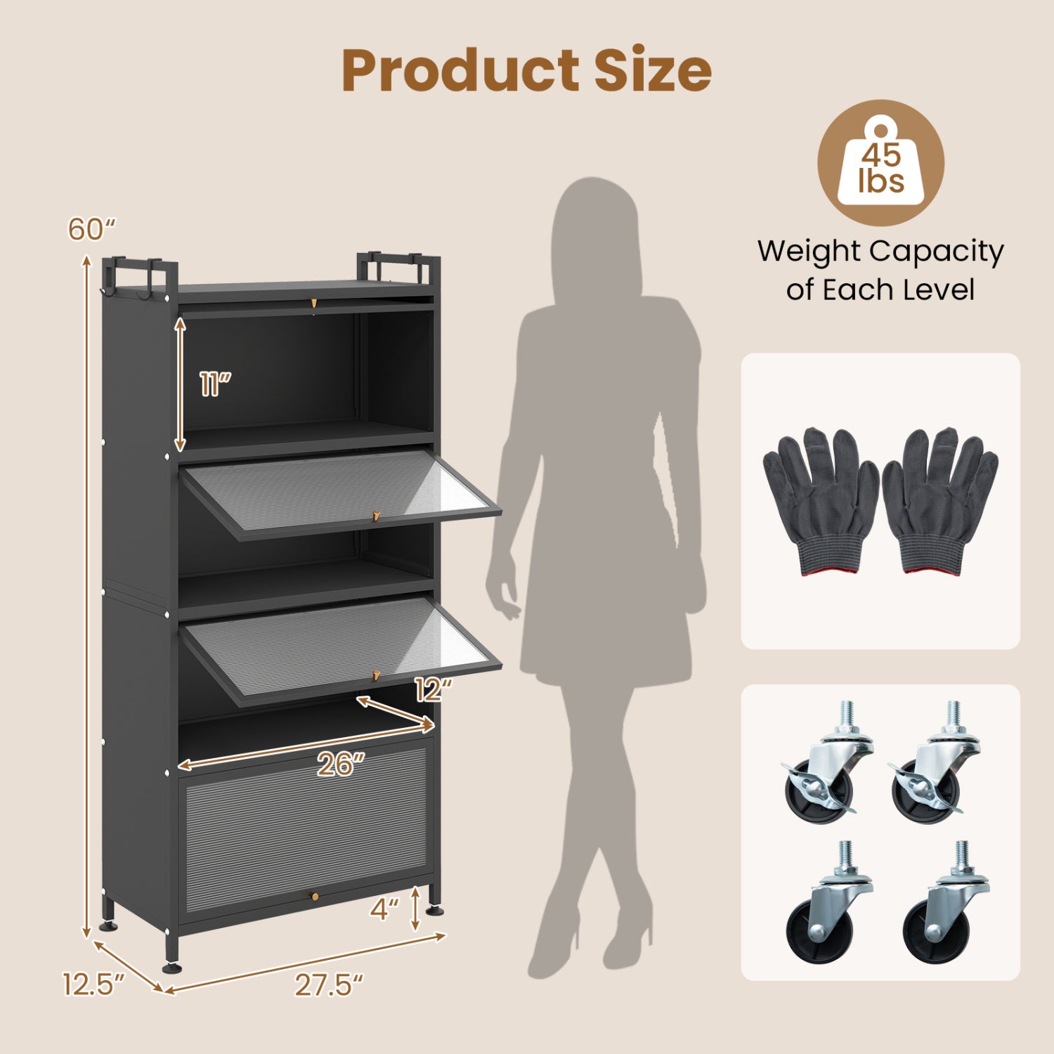 Black 5-tier kitchen storage cabinet with 4 flip-up PC doors, adjustable feet, and rolling wheels for versatile kitchen organization.