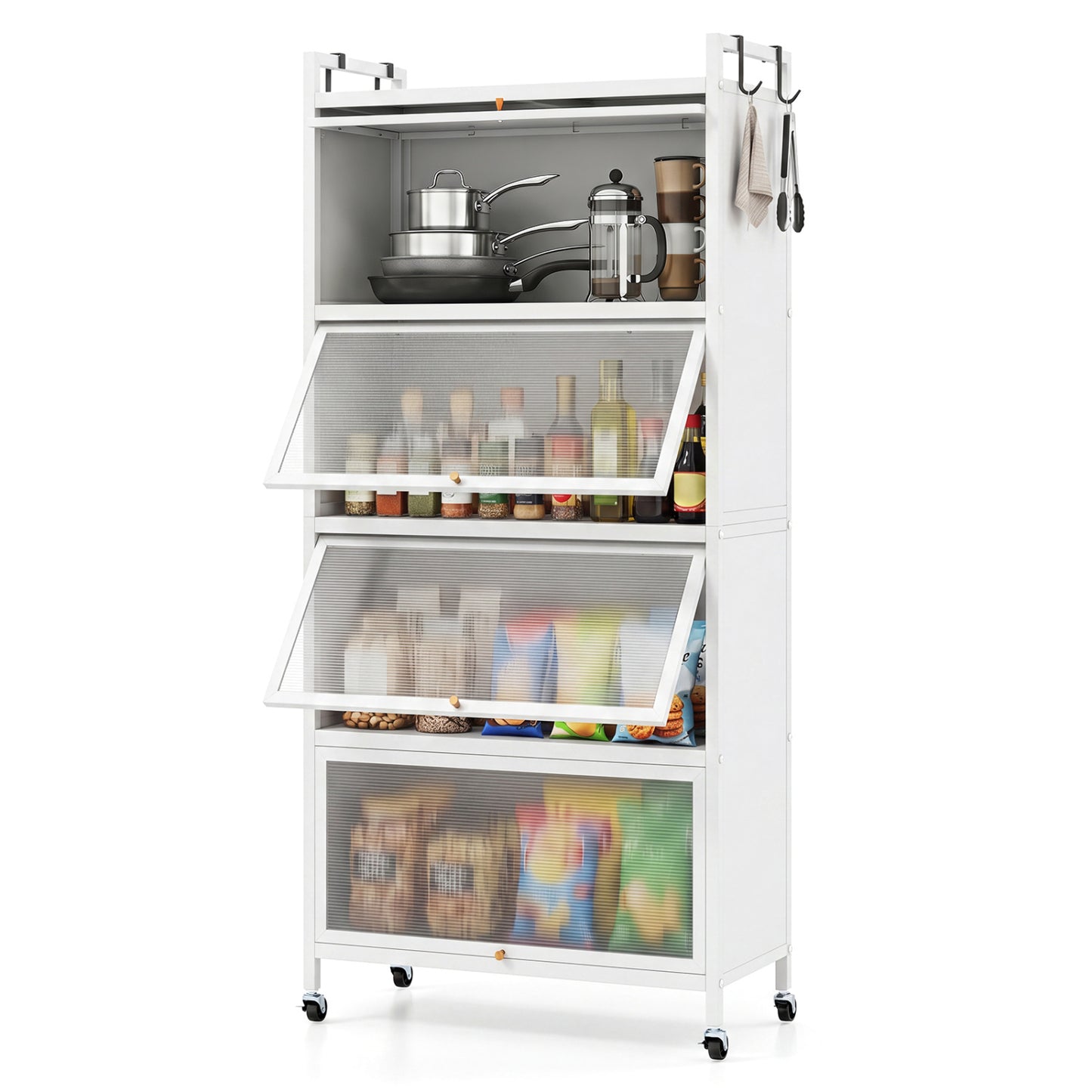 Black 5-tier kitchen storage cabinet with 4 flip-up doors, adjustable feet, and rolling wheels, ideal for kitchen organization.