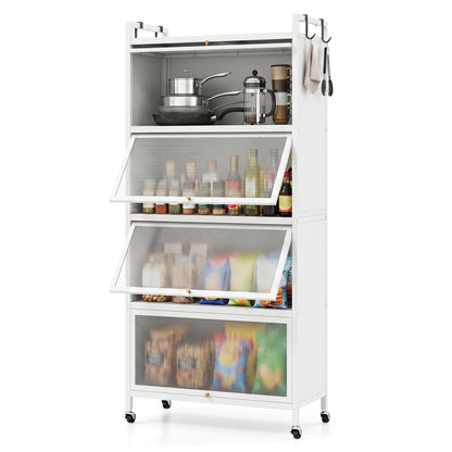 Black 5-tier kitchen storage cabinet with 4 flip-up doors, adjustable feet, and rolling wheels, ideal for kitchen organization.