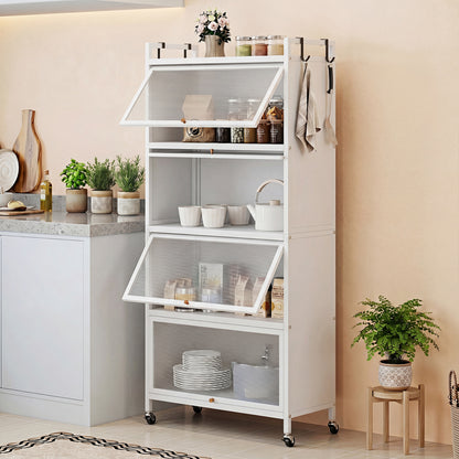 Black 5-tier kitchen storage cabinet with four flip-up PC doors, adjustable feet, and rolling wheels, ideal for kitchen organization.