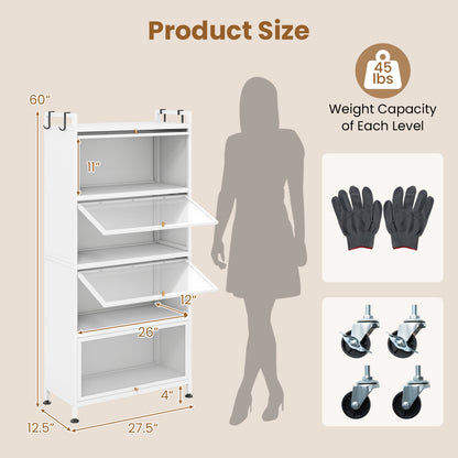 Black 5-tier kitchen storage cabinet with 4 flip-up PC doors, adjustable feet, and rolling wheels, ideal for kitchen organization.