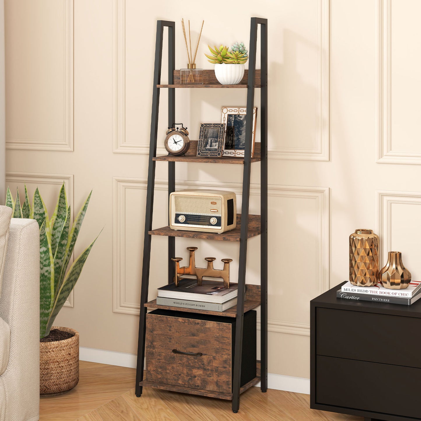 Black 5-tier ladder bookshelf with fabric drawers, ideal for living room or home office storage and organization.