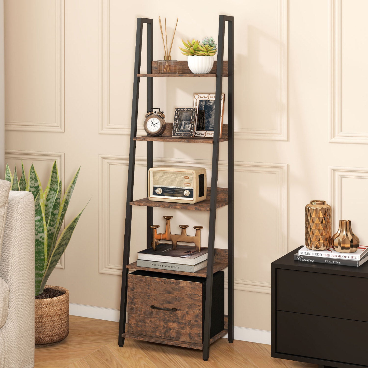 Black 5-tier ladder bookshelf with fabric drawers, ideal for living room or home office storage and organization.