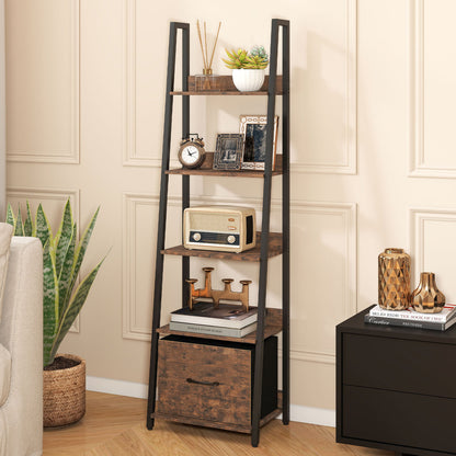 Black 5-tier ladder bookshelf with fabric drawers, ideal for living room or home office storage and organization.