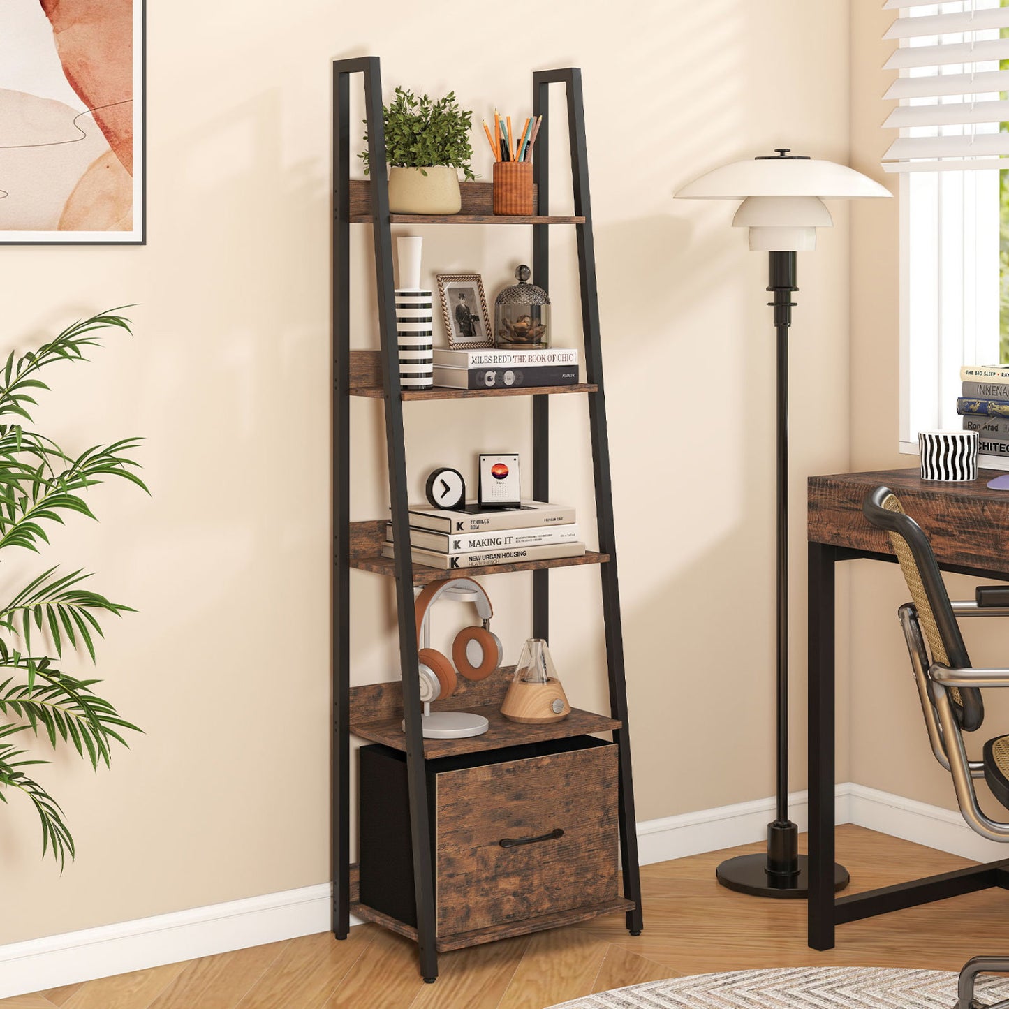 Black 5-tier ladder bookshelf with fabric drawers from Wilsons Home Store, ideal for living room or home office storage.