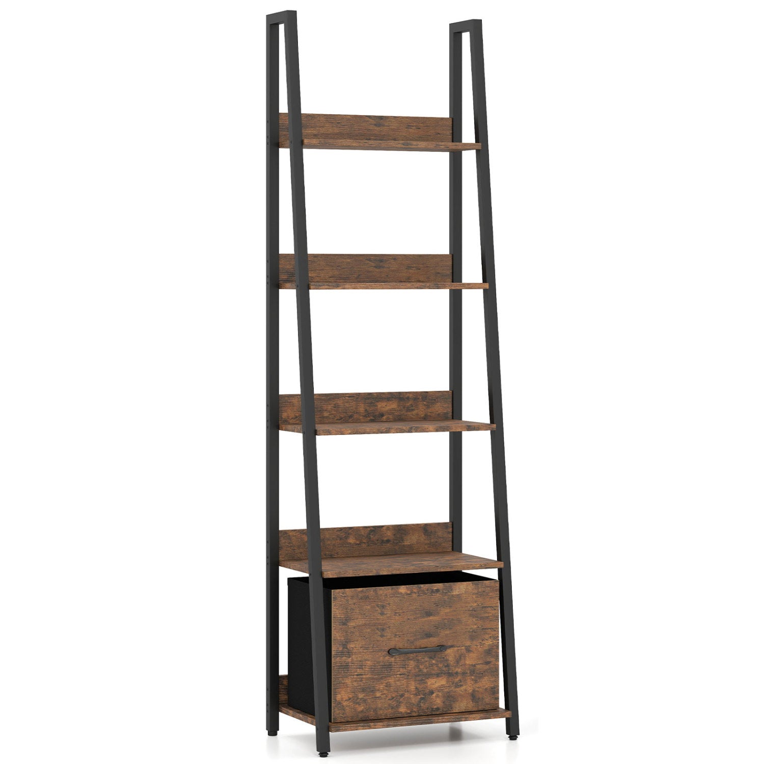 Black 5-tier ladder bookshelf with fabric drawers, ideal for living room or home office storage, by Wilsons Home Store.
