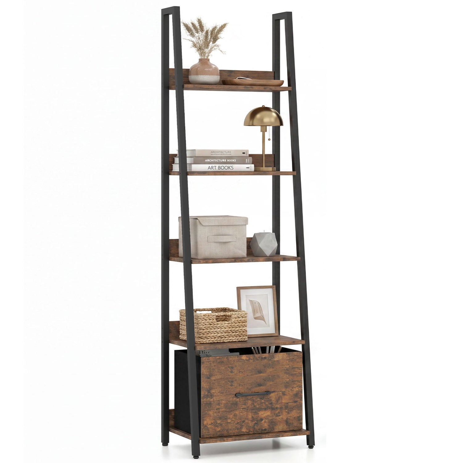 Black 5-tier ladder bookshelf with fabric drawers, ideal for living room or home office storage and organization.