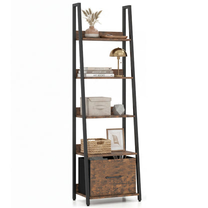 Black 5-tier ladder bookshelf with fabric drawers, ideal for living room or home office storage and organization.