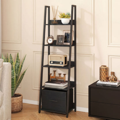 Black 5-tier ladder bookshelf with fabric drawers, ideal for living room or home office storage and organization.