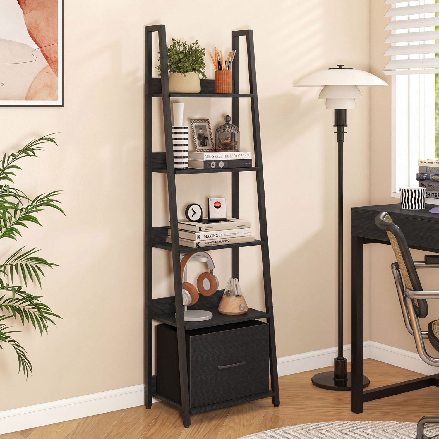 Black 5-tier ladder bookshelf with fabric drawers for living room or home office storage, featuring a modern design.