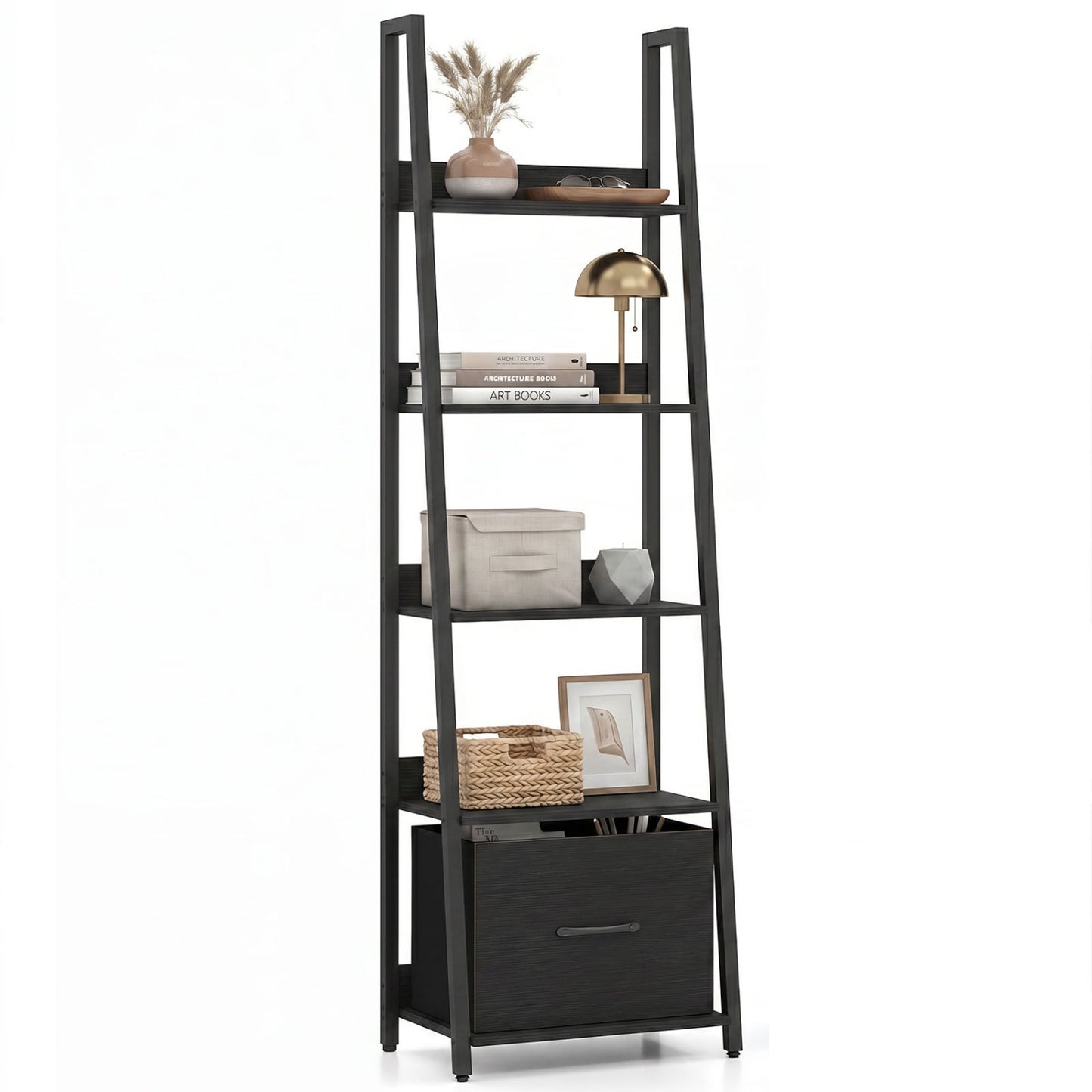 Black 5-tier ladder bookshelf with fabric drawers, ideal for living room or home office storage, by Wilsons Home Store.