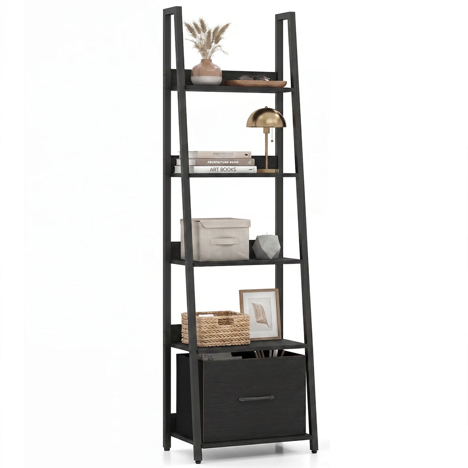 Black 5-tier ladder bookshelf with fabric drawers, ideal for living room or home office storage, by Wilsons Home Store.