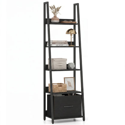 Black 5-tier ladder bookshelf with fabric drawers, ideal for living room or home office storage, by Wilsons Home Store.
