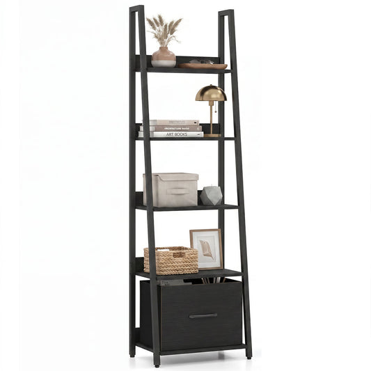 Black 5-tier ladder bookshelf with fabric drawers, ideal for living room or home office storage, by Wilsons Home Store.