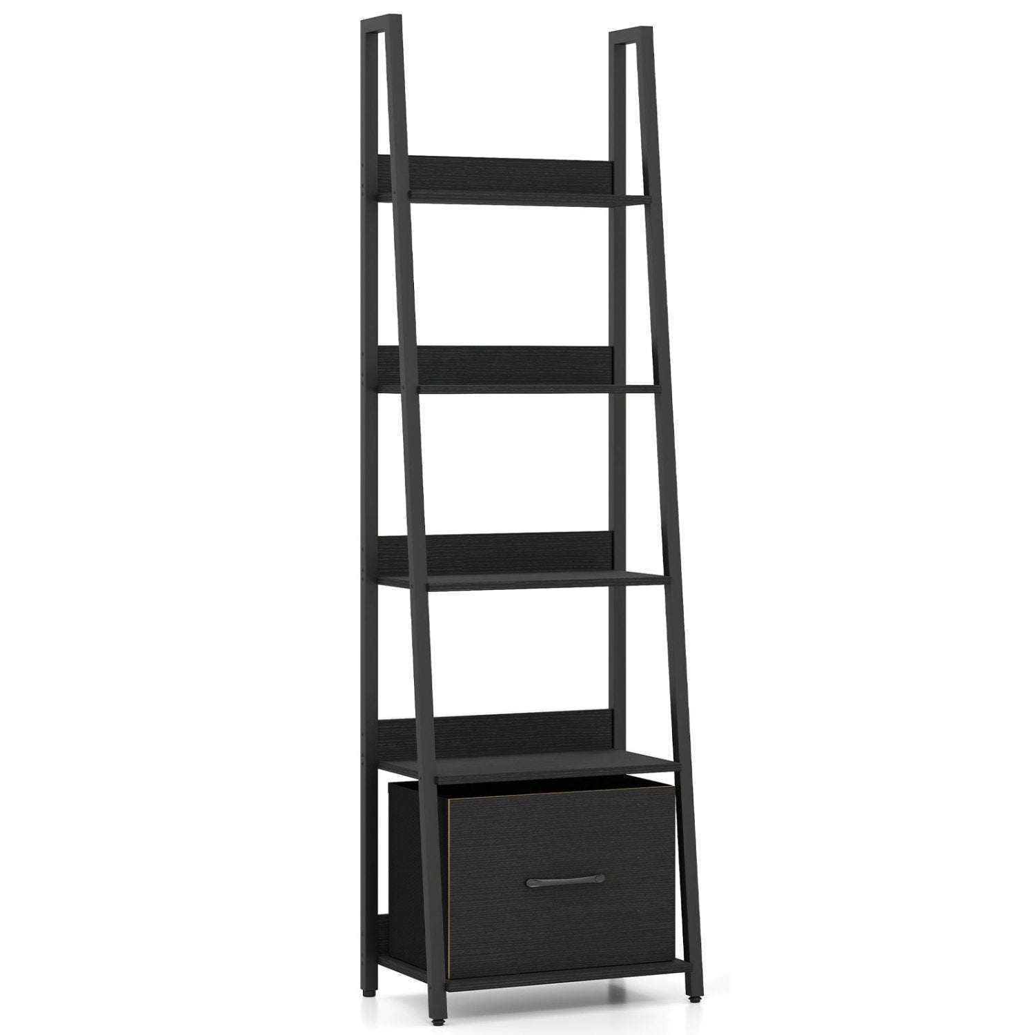 Black 5-tier ladder bookshelf with fabric drawers, ideal for living room or home office storage and organization.