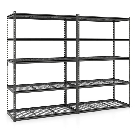 Set of two 5-tier metal shelving units by Wilsons Home Store with adjustable wire racks, outdoor storage for garages, 2000 lbs capacity